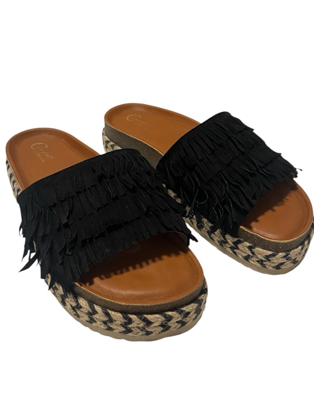 Confort Est.1948 Black Fringe Espadrille Platform Slides - Women size 10 Z24